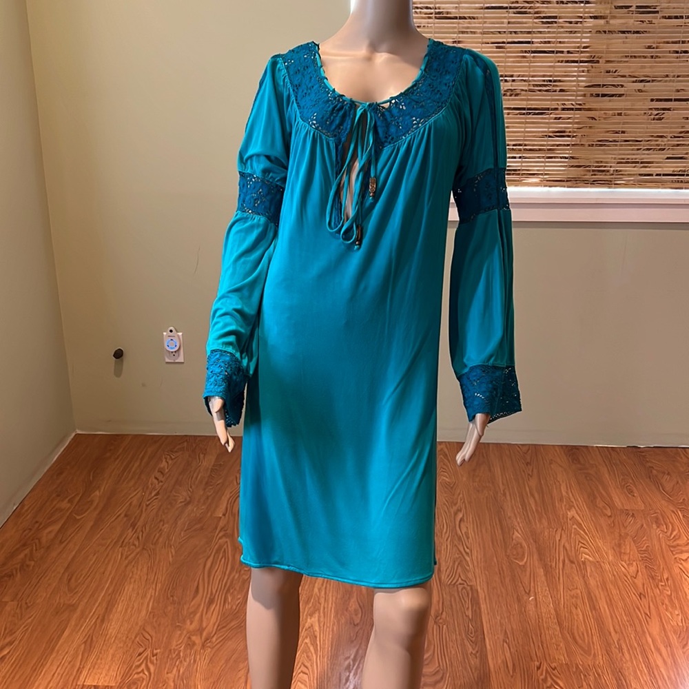 Michelle Jonas Teal Long Sleeve Dress With Crochet Trim Size L